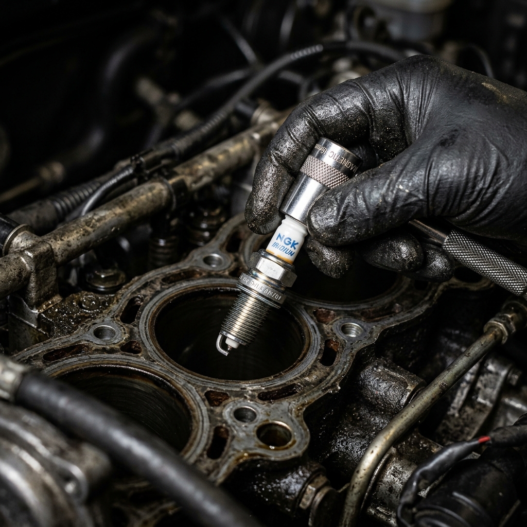 Precision spark plug replacement on domestic truck engine block