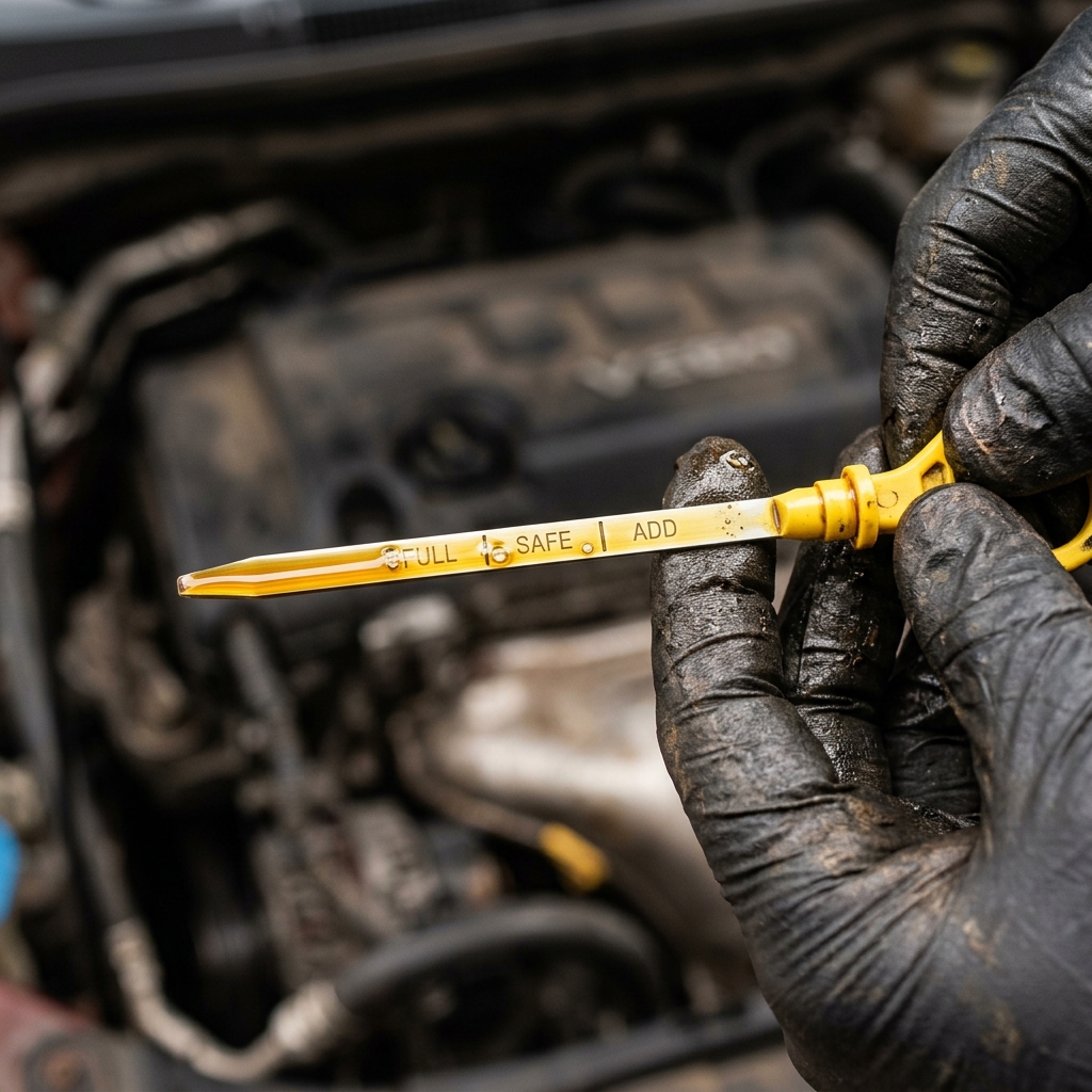 Engine oil level dipstick check