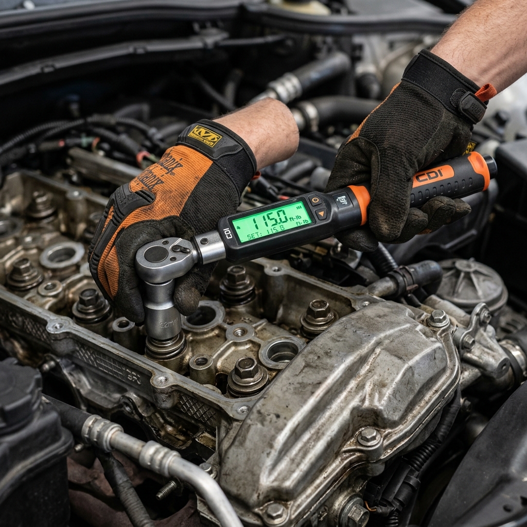 Digital torque wrench on engine block